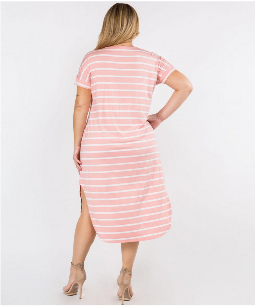 Pink Striped Curved Hem Midi Dress with ...